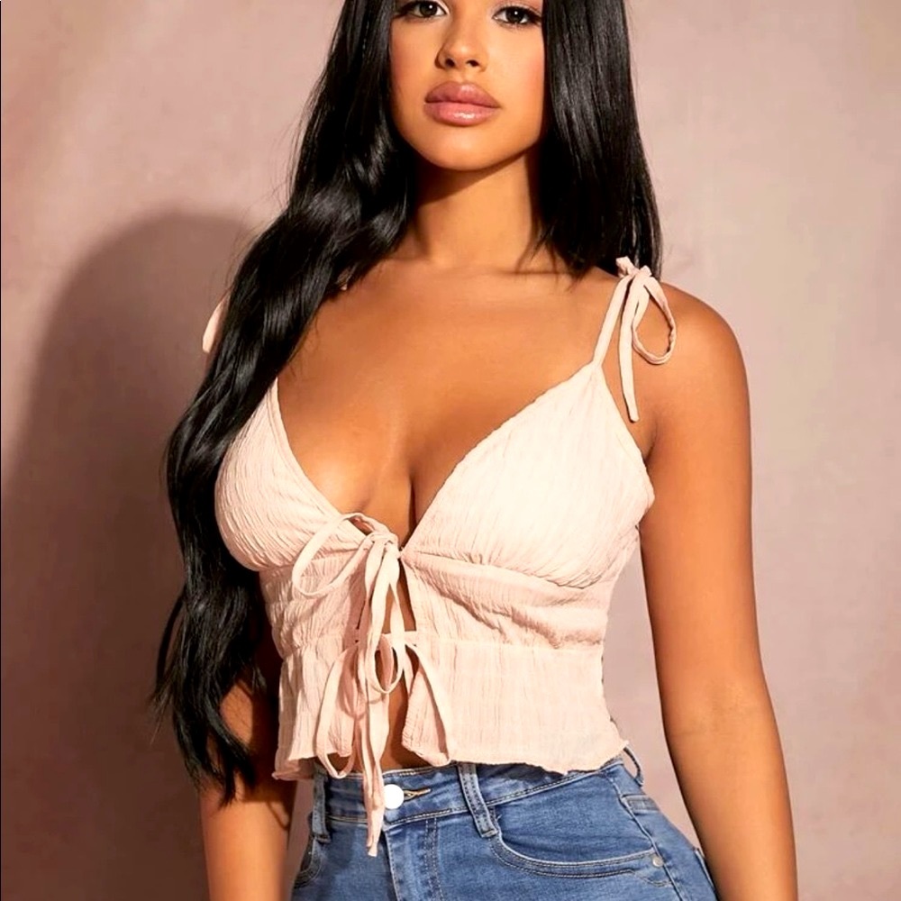 Tie Front Knot Shoulder Ruffle Hem Crop Top